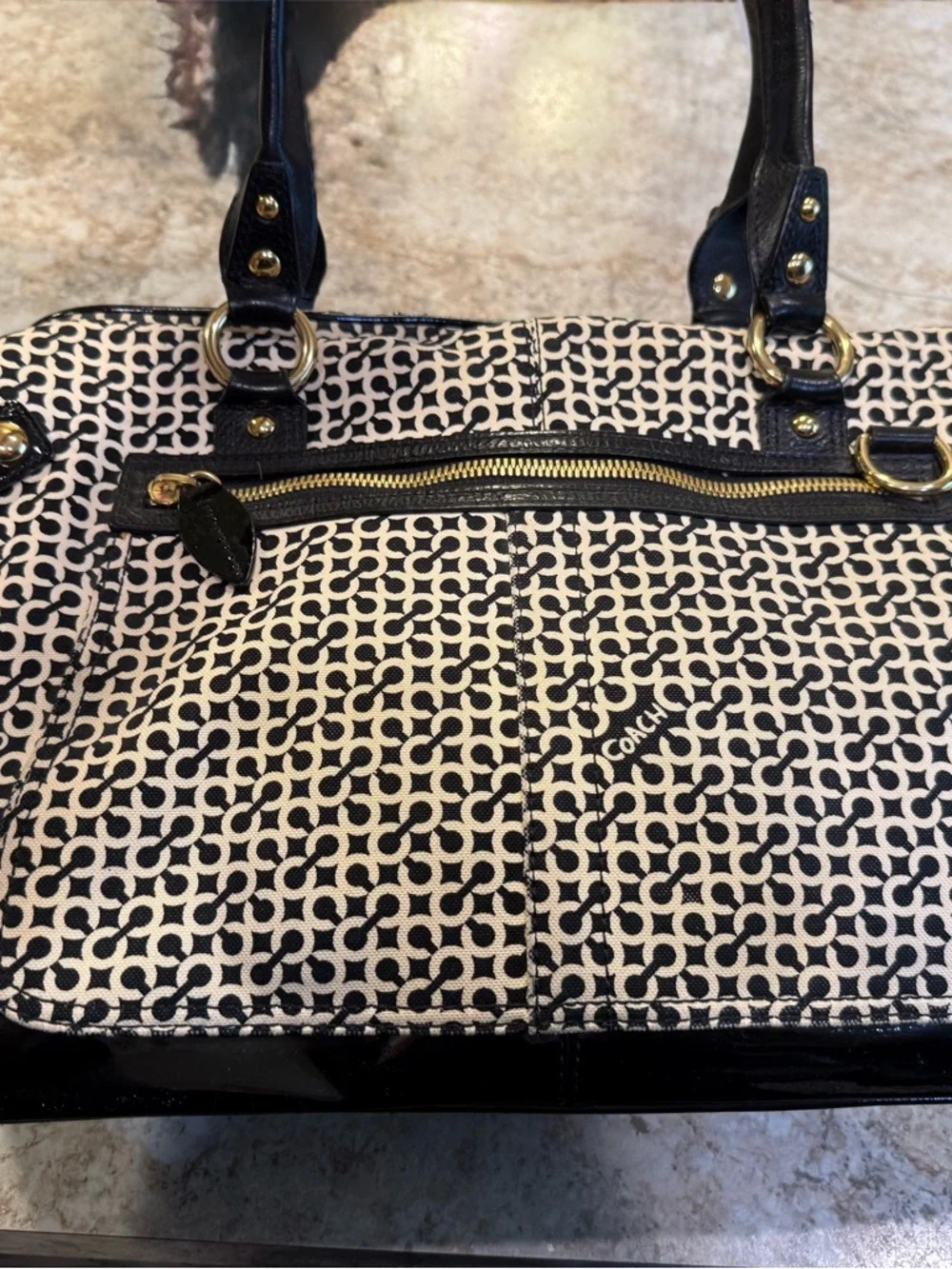 Coach Black and Cream Signature Tote with Patent Trim and Gold Hardware